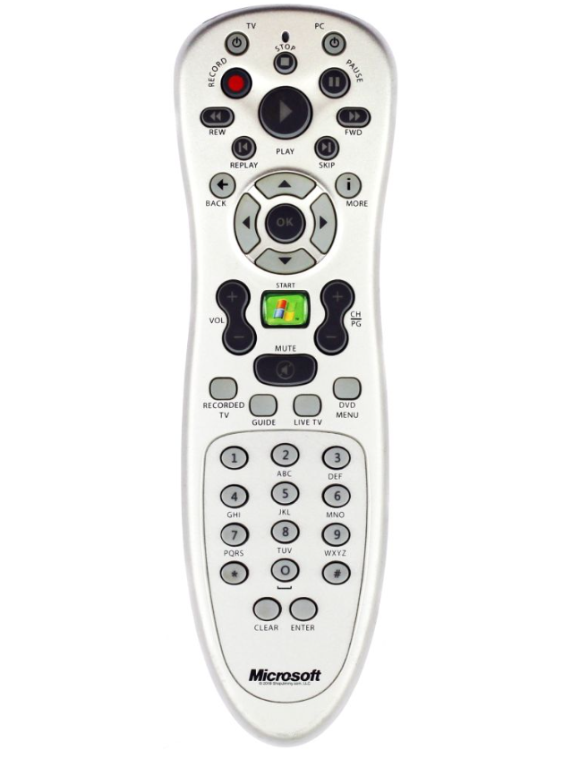 Microsoft Windows Media Center remote covered in dozens of buttons and a full numeric keypad